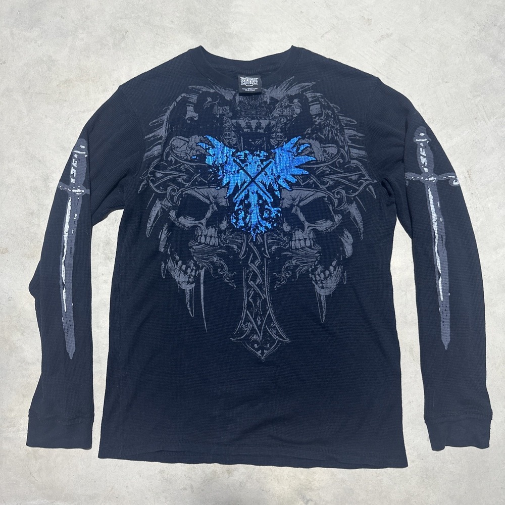 MMA Elite Men's SZ L Black Thermal Graphic Shirt Skulls Cross Phoenix Dagger Y2K
